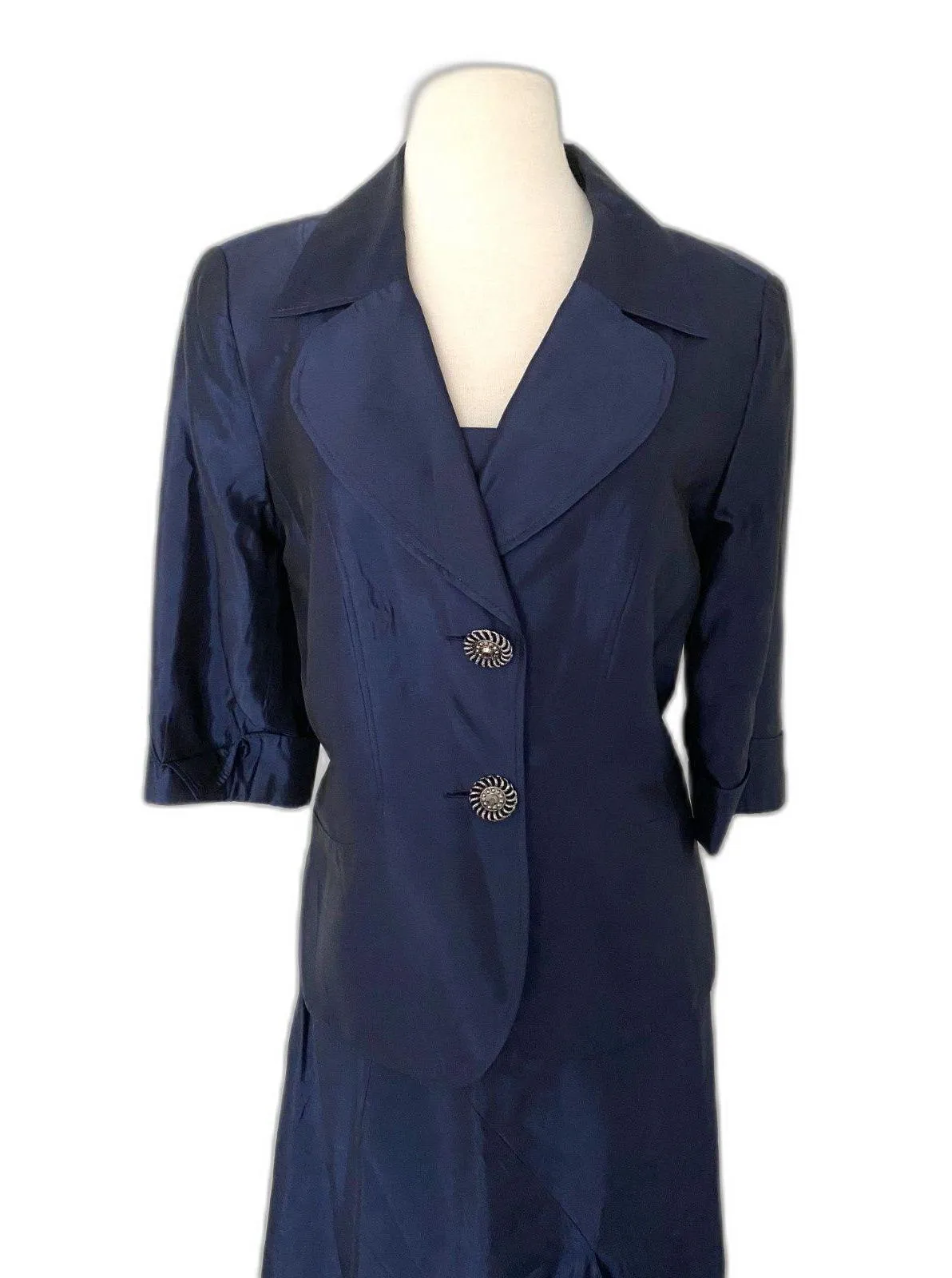 VTG Elizeh Lily & Taylor Blue Shiny 2 Piece Skirt Set Jacket Womens USA Sz 12 - Image 6