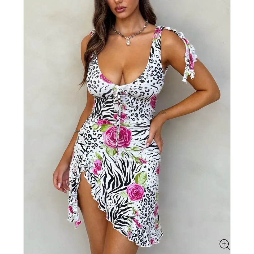 Tiger Mist Mini Dress Floral Zebra Leopard Print Brynne Size M Off White Pink - Image 4