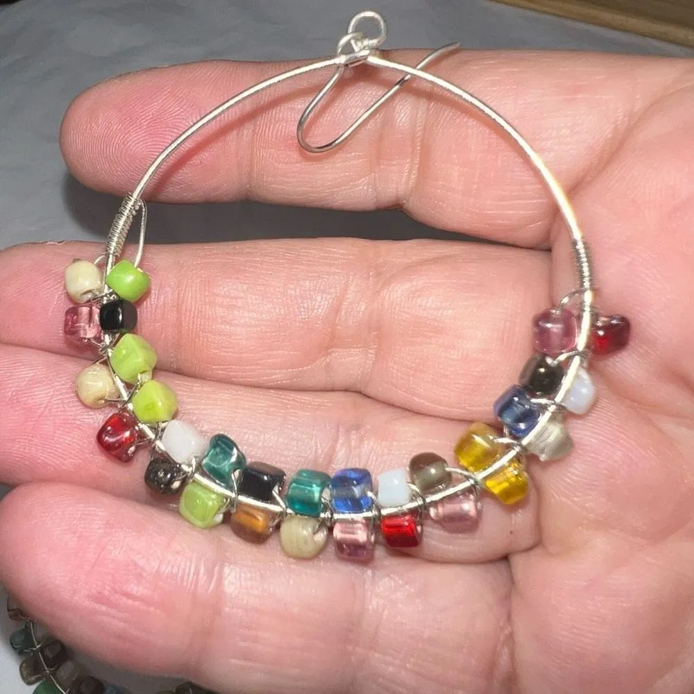 Boho Silver Tone Gemstone Chakra Dangle Hoop Earrings - Image 8