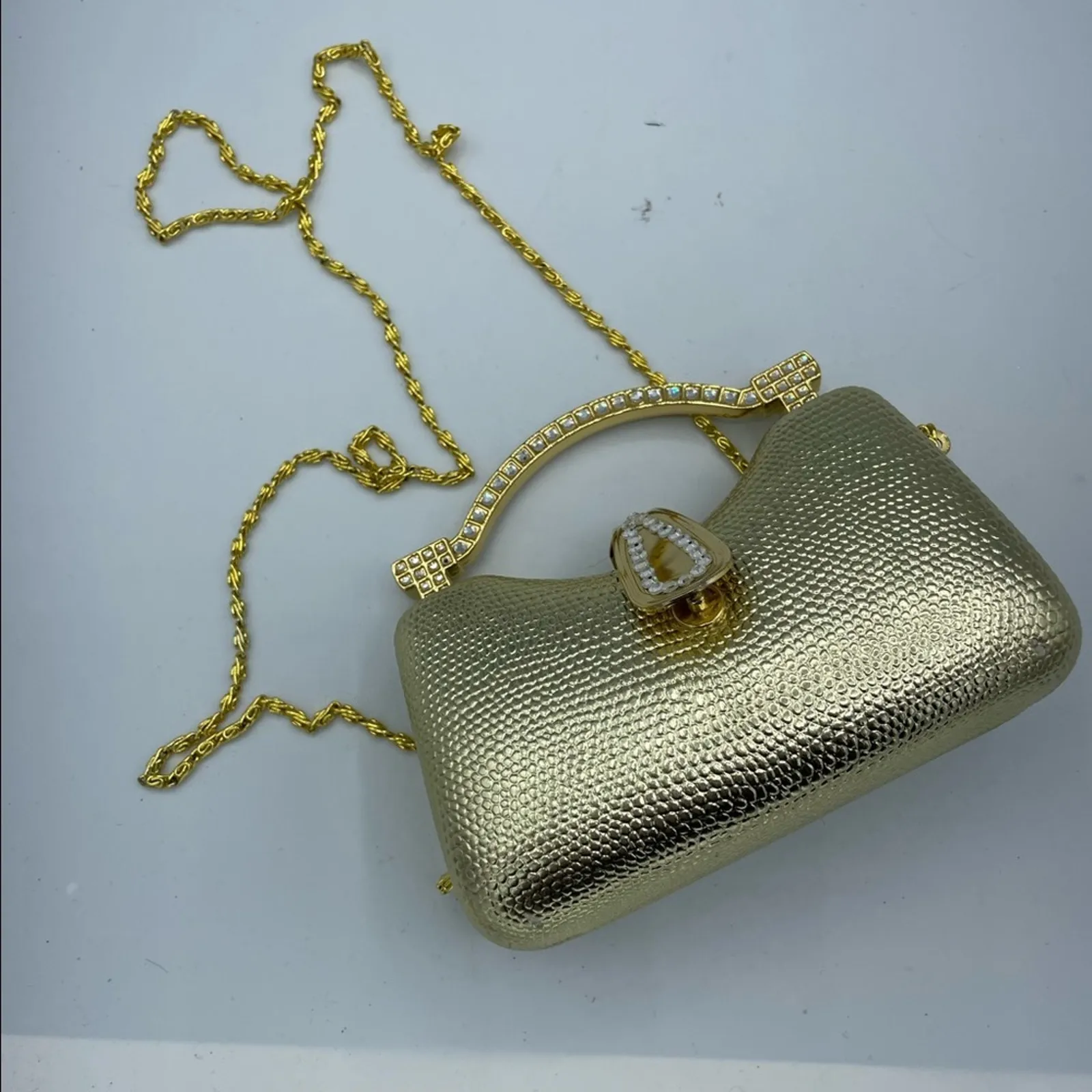 Gold Mini Baby Crossbody Handbag With Rhinestones Y2K Hard Shell Chain Strap - Image 5