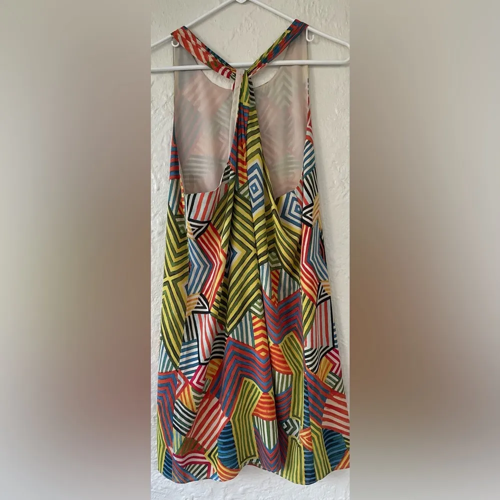 Alice + Olivia Geometric Stripe Dress Mini Halter Multicolor Print Shift; size L - Image 2