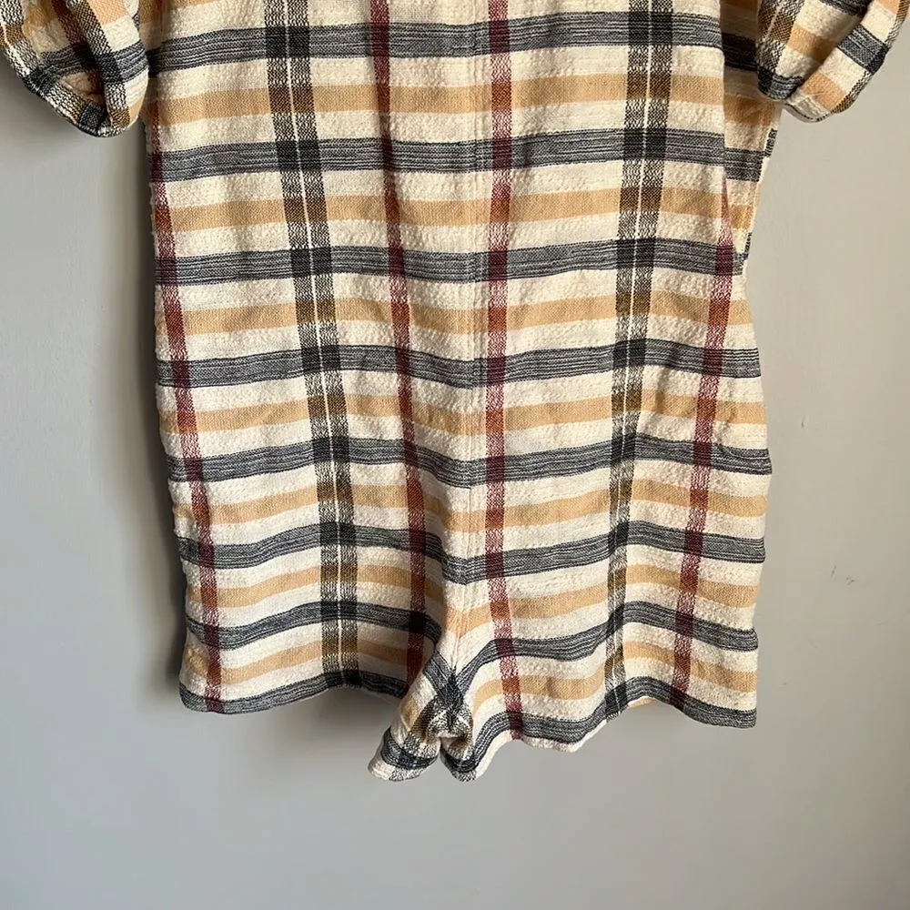 Free People Felicity Plaid Button Front Roll Tab Sleeve Romper Size Small - Image 13