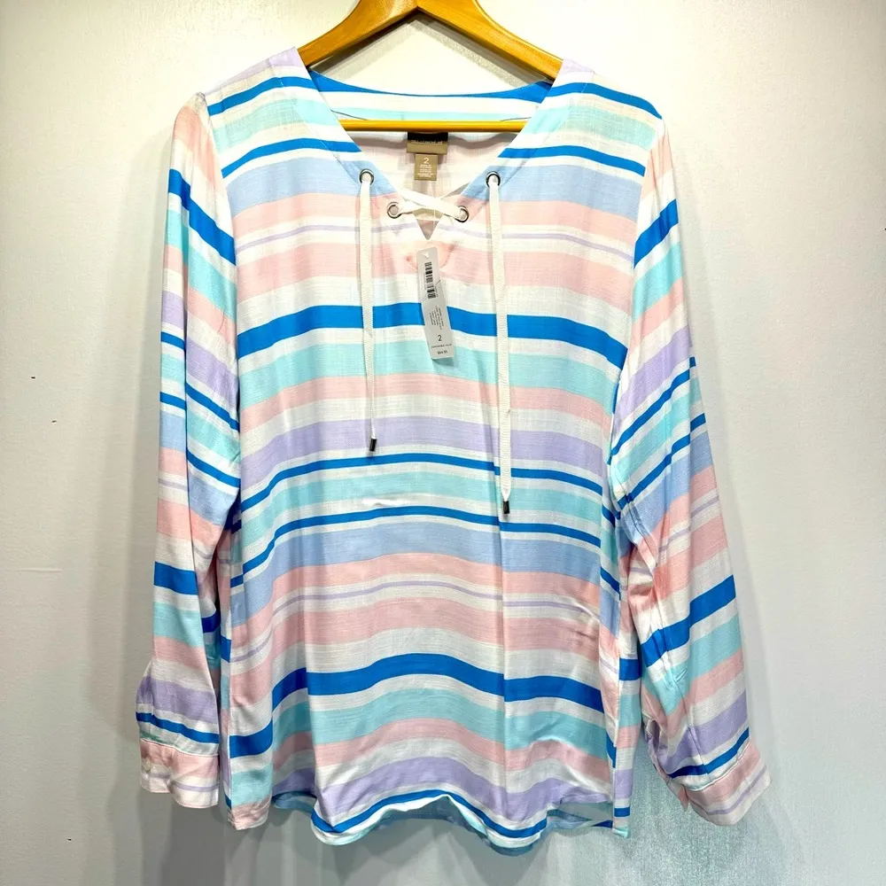 Chico’s Sorbet Stripe Lace Up Long Sleeve Lightweight Pastel Top Size 2 / Large - Image 5