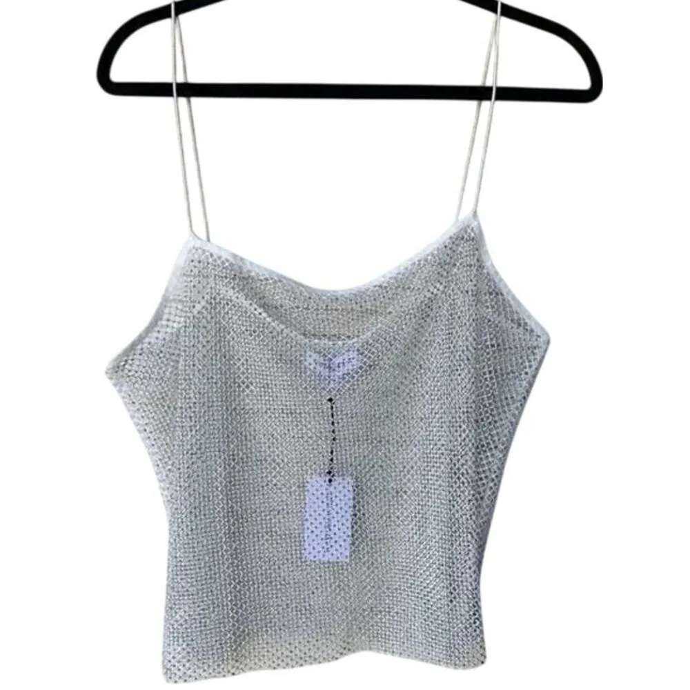 NWT WeWoreWhat Crystal Sheer Mesh Cami Mini Rhinestone Embellishments M White - Image 2