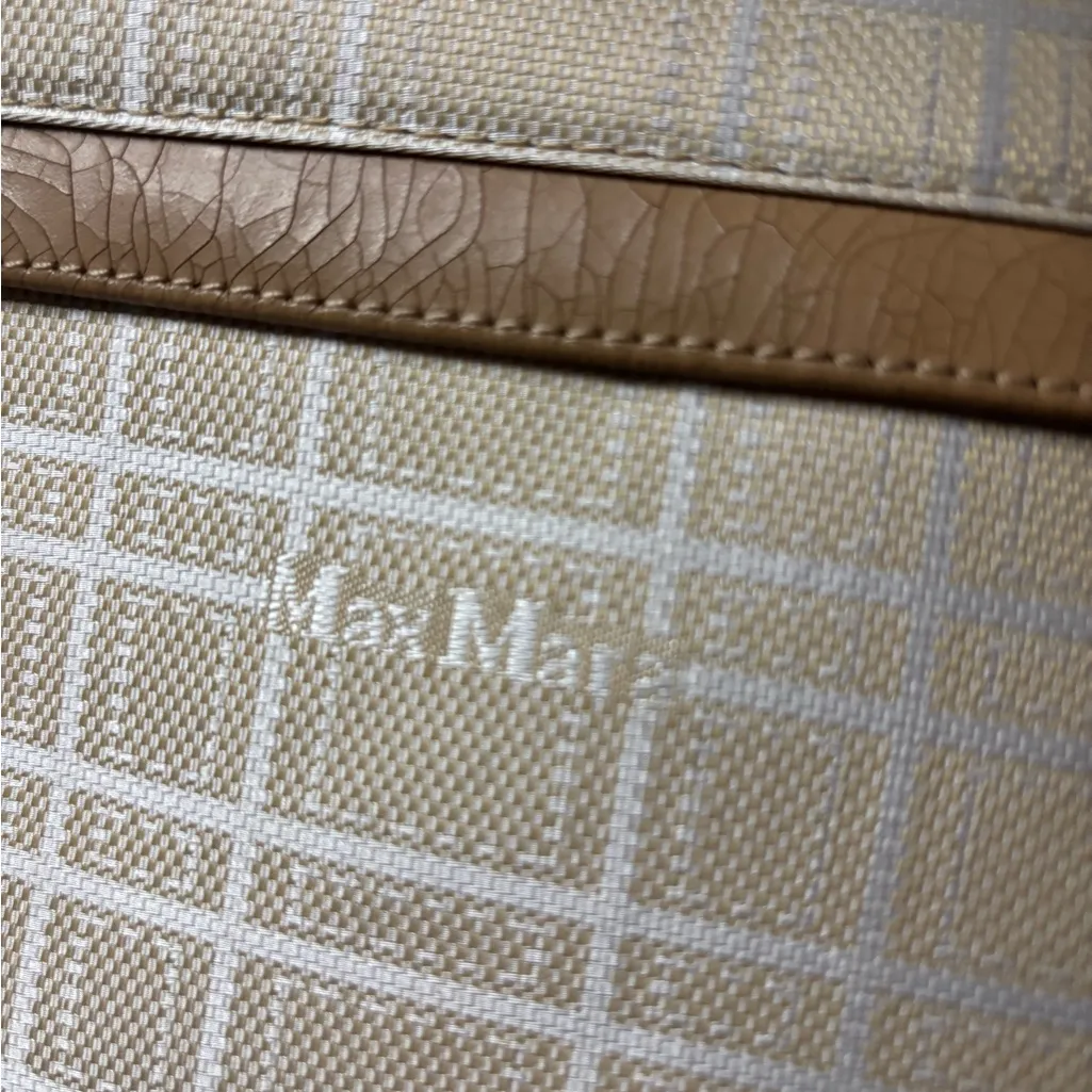 MaxMara Beige Tan Leather Canvas Shoulder Bag Stripe Checkered - Image 7