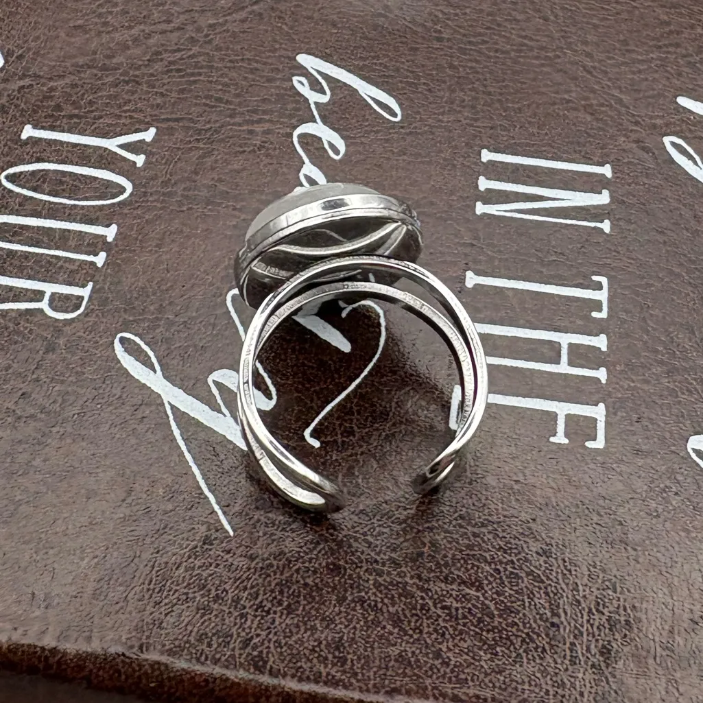 Vintage West Germany Glass Intaglio Floral Ring Adjustable Stainless Steel Silver - Image 3