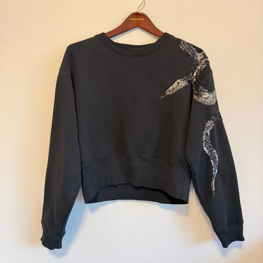 ALLSAINTS Tempest Separo Sweatshirt snake sequinns at sleeve, black, size S - Image 2