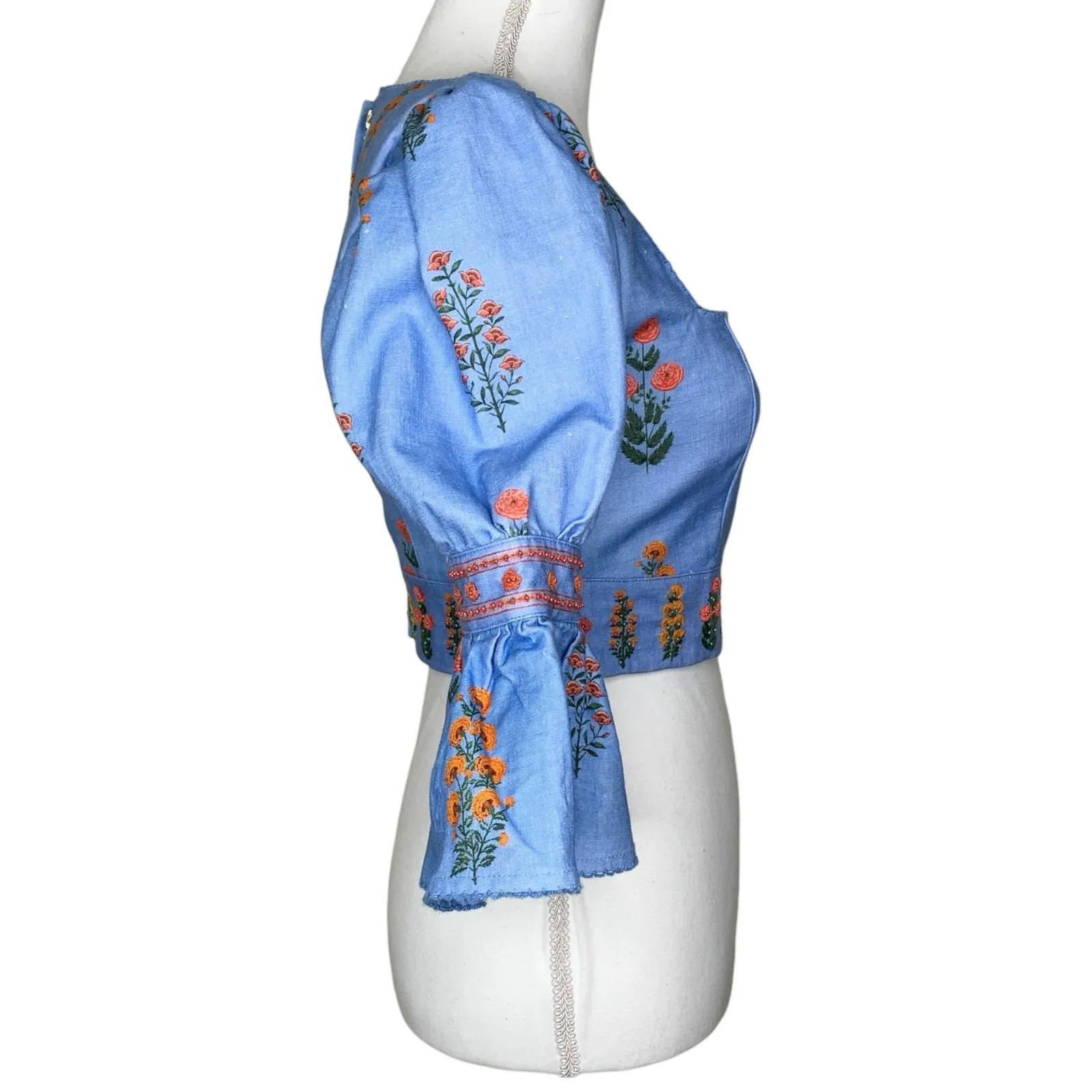 Agua by Agua Bendita Violeta Dahlia Blue Linen Embroidered Floral Cropped Top - Image 7