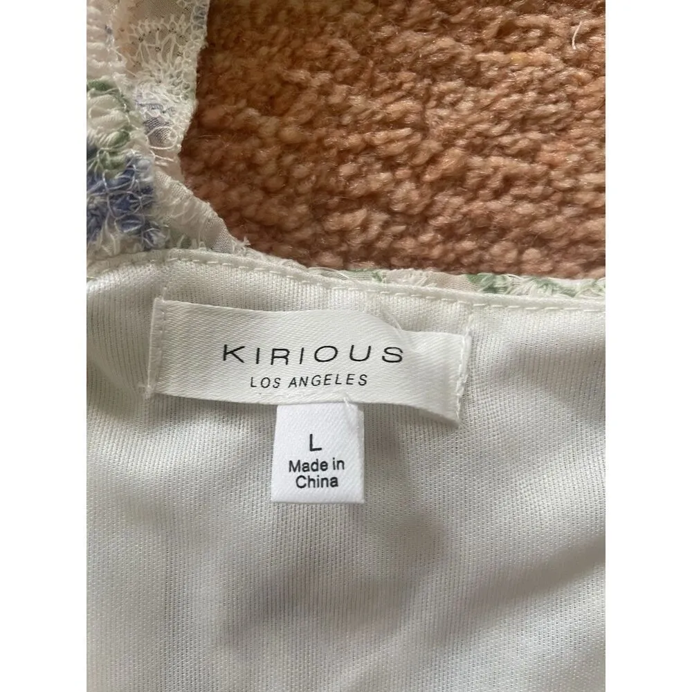 Kirious Los Angeles Embroidered Floral Crop Top L Ruffle Straps Tie Back NWT White Size L - Image 5