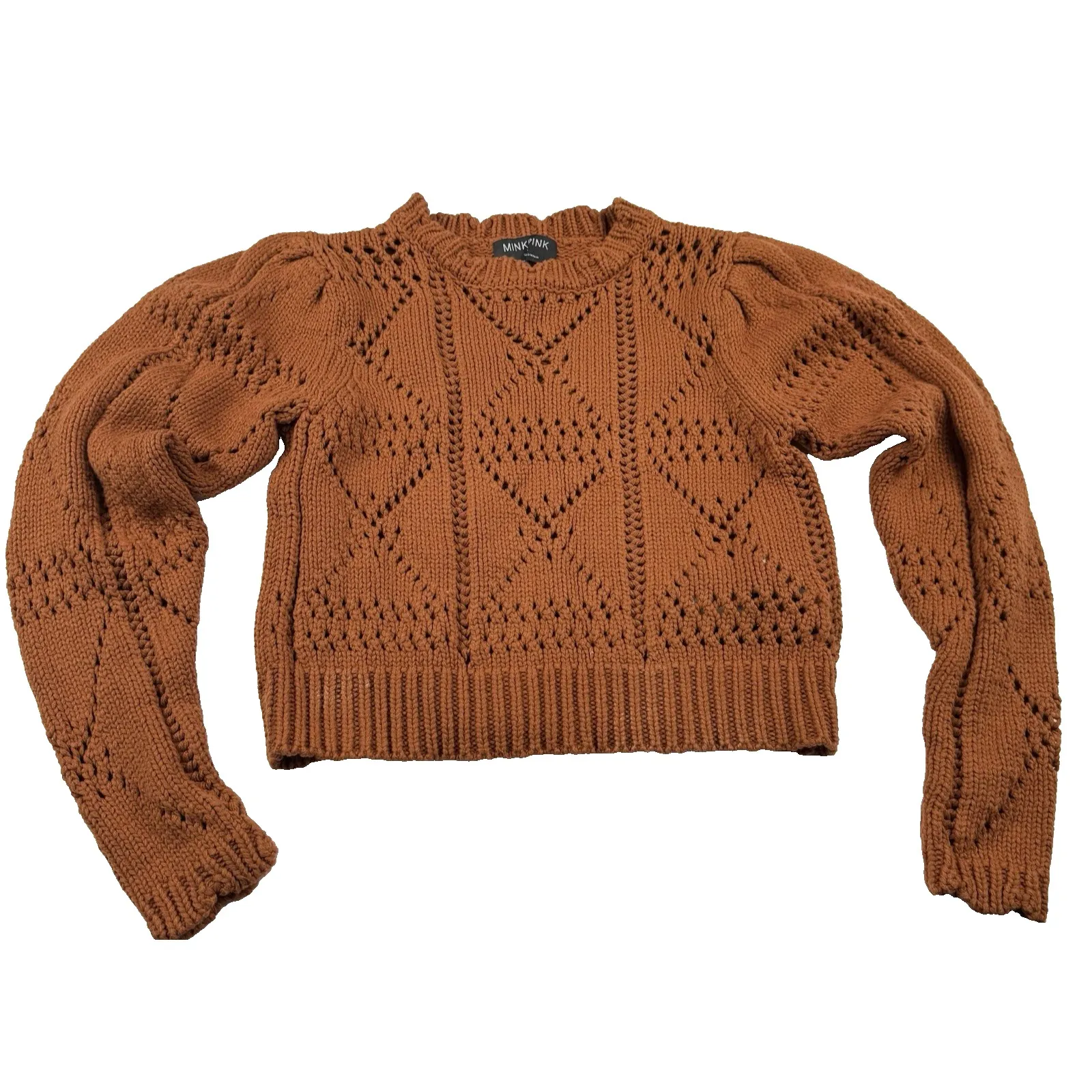 MINKPINK‎ Cara Crochet Sweater Crop Women Size Small Pointelle Brown Cable Knit - Image 3