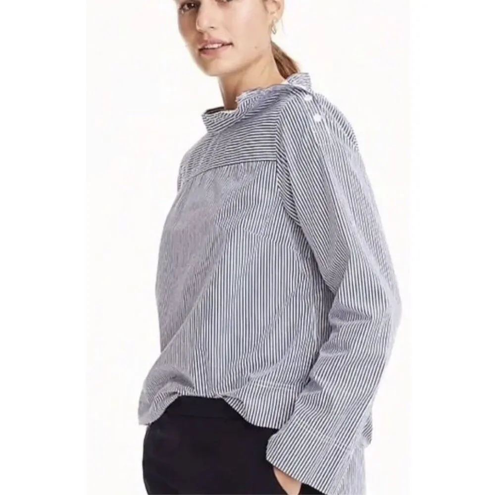 J Crew women’s striped funnel neck 100% cotton button shirt sz 4 nautical career White - Image 2