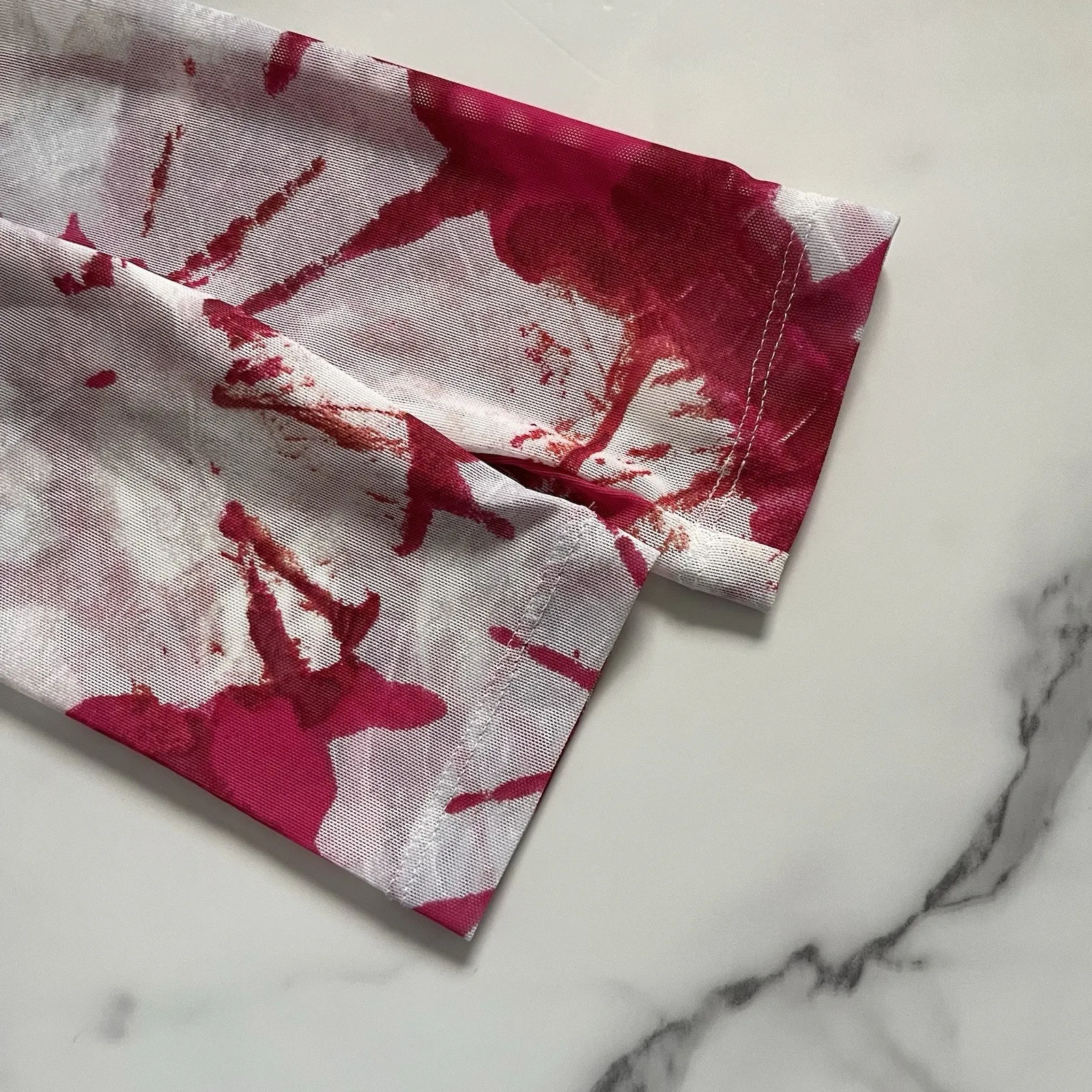 Anthropologie Long-Sleeve Mock-Neck Mesh Printed Slim Midi Dress Pink XXS Retro - Image 9