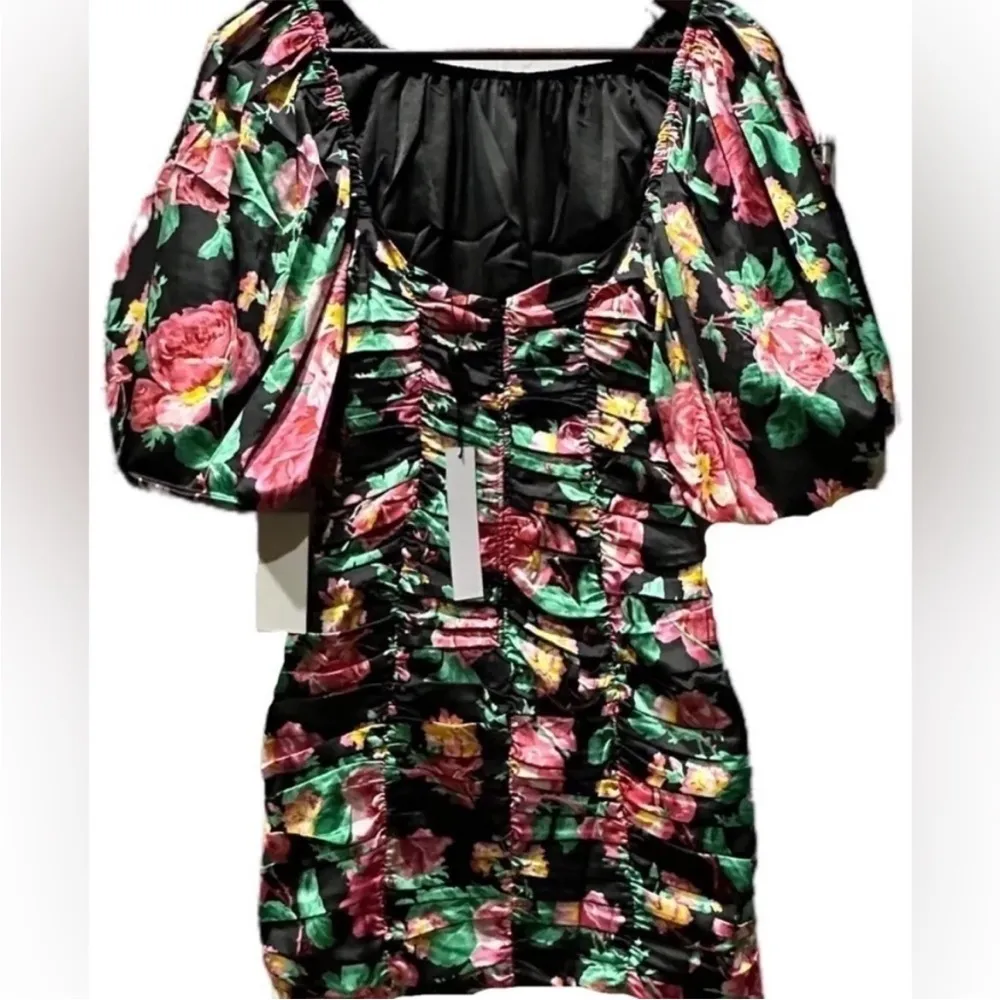 NWT For Love and Lemons Jolie Black & Coral Rushed Floral Mini Dress size XS - Image 5