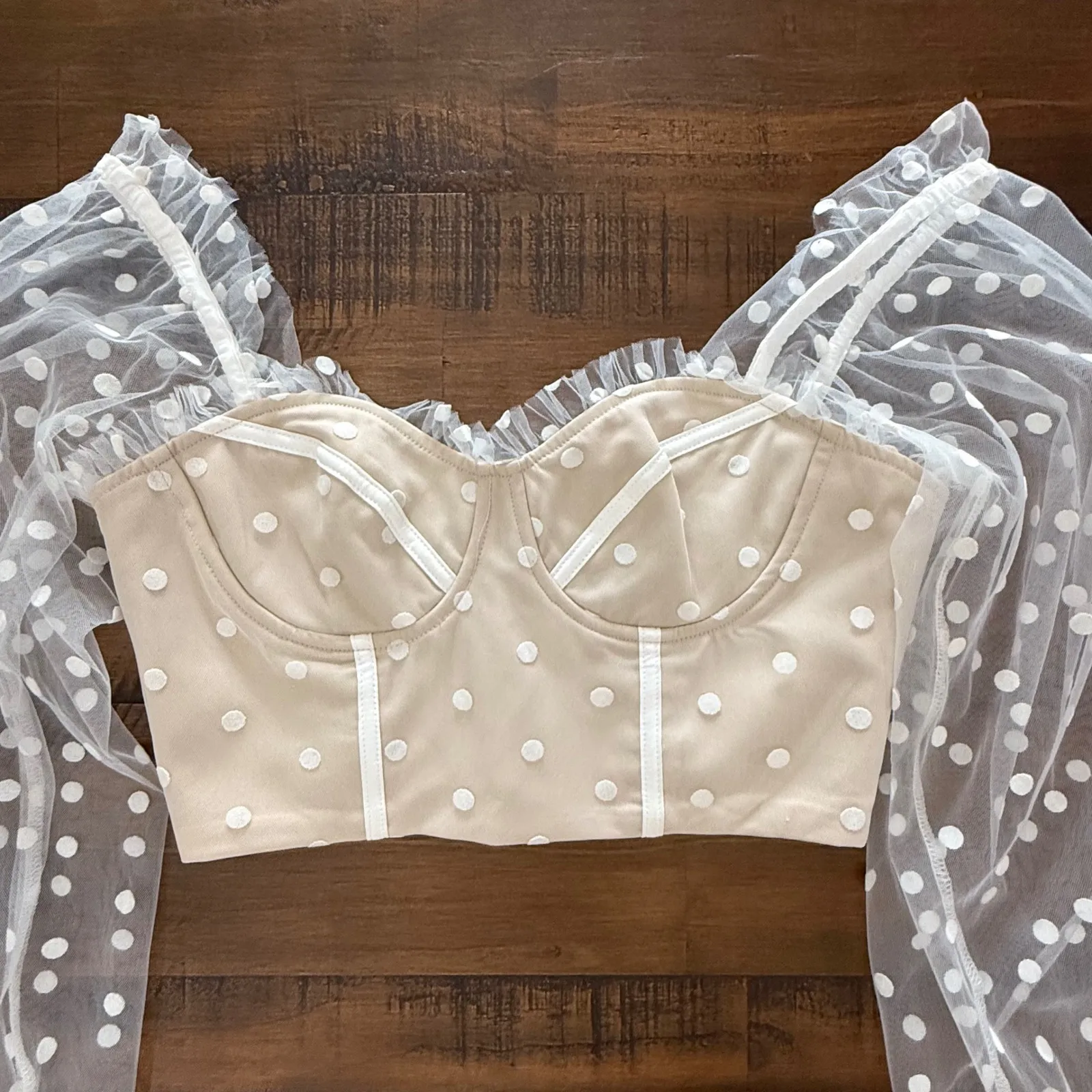 RUNAWAY Polka Dot Sheer Sleeve Corset Top Beige White Size S - Image 3