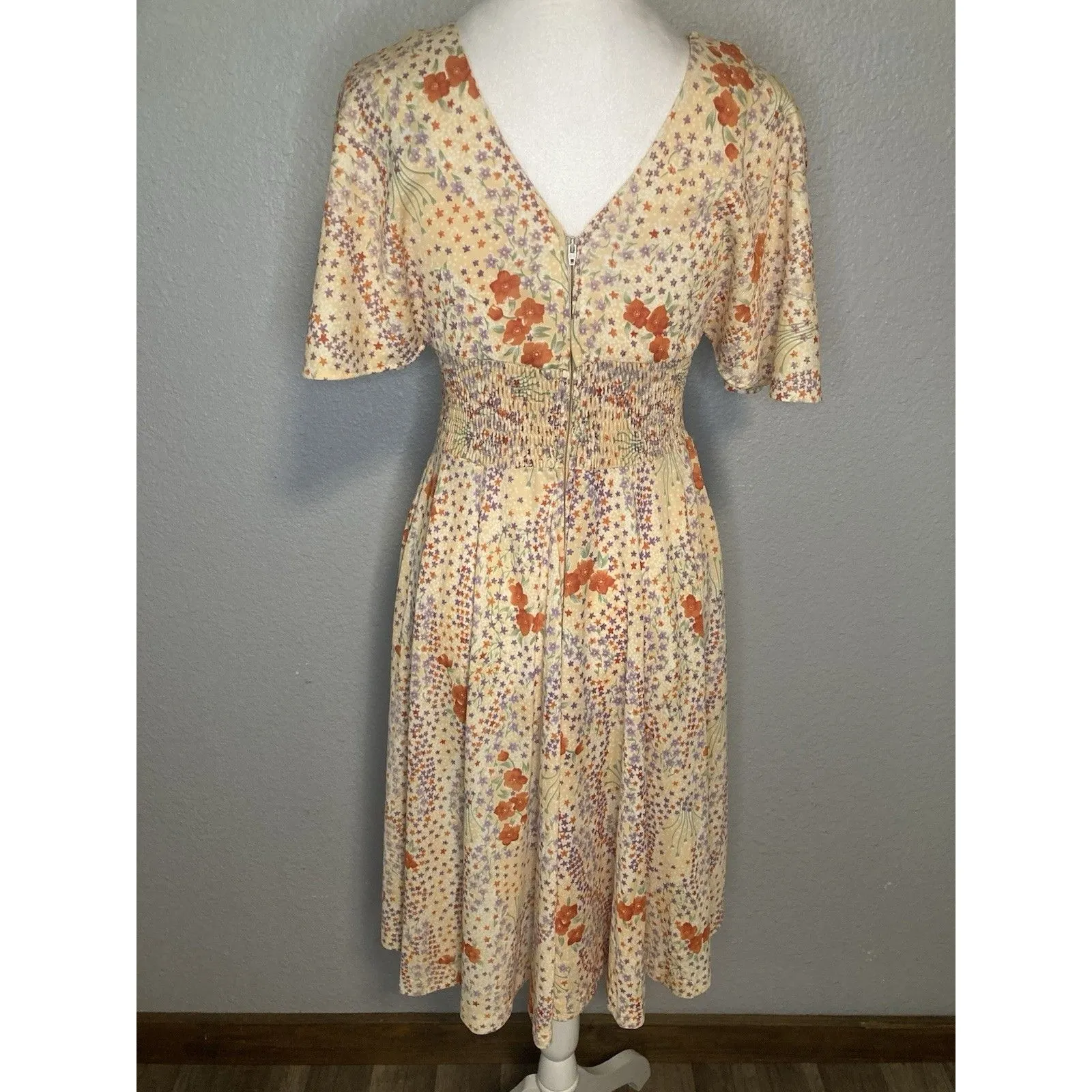 VTG Sears 70s Fairy Dress S Ditsy Floral Empire Waist Smocked Cottage Whimsical - Image 7