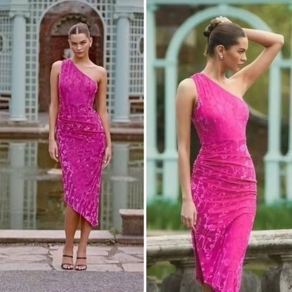 Hutch One Shoulder Asymmetrical Midi Dress Size XL Pink Floral Velvet Burnout - Image 5