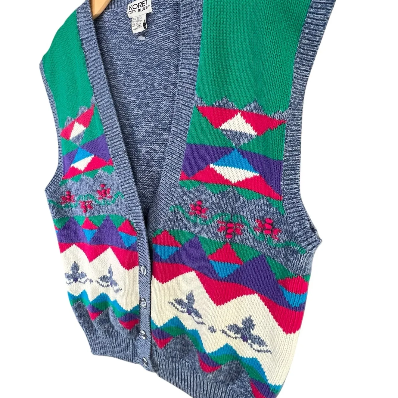 Vintage 80s Koret City Blues Sweater Vest XL Blue Geometric Retro Cottage Cabin - Image 2