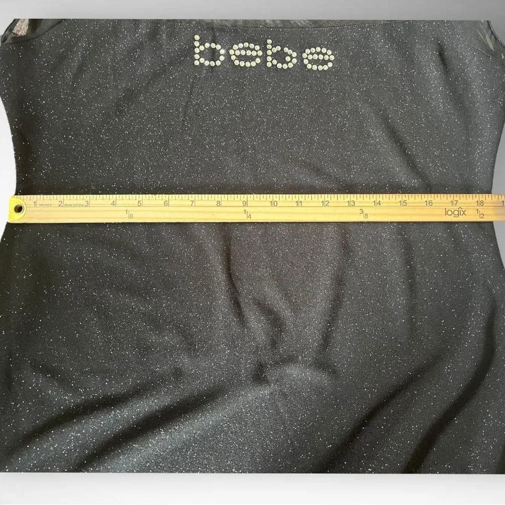 BEBE Black Illusion Rhinestone Logo Glittery Bodycon Dress XL | NWT - Image 10