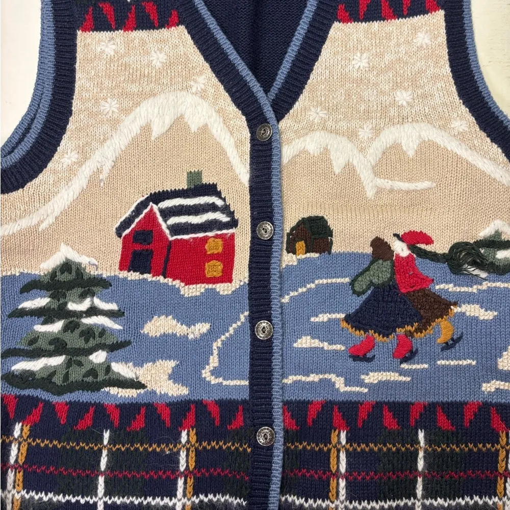 Vintage Womens Sweater Vest Navy Ice Skating Snowy Winter Scene Size Small 3D Blue - Image 5
