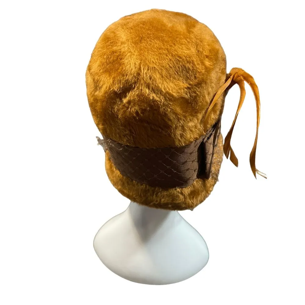 Vintage Mustard Faux Fur Cloche Hat with‎ Brown Ribbon Band and Feather H - Image 3