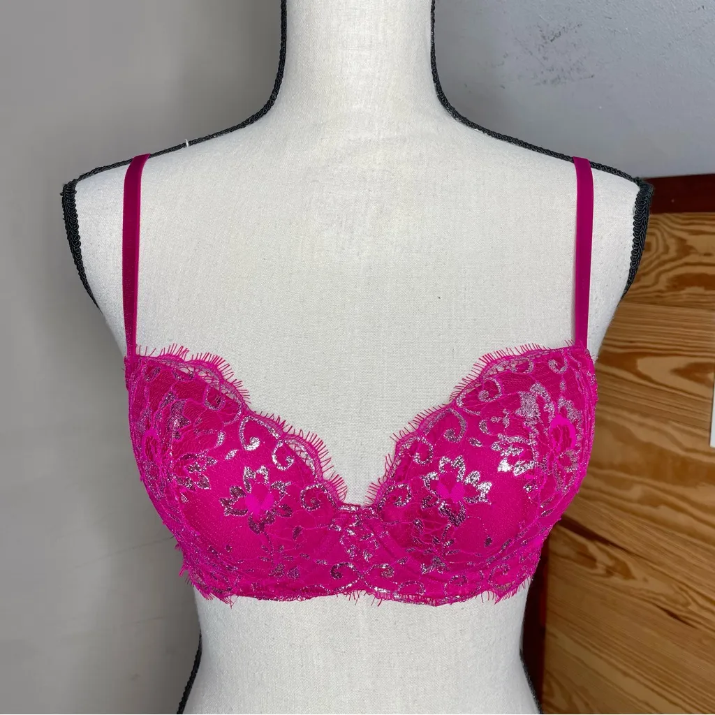 Victoria’s Secret Dream Angels Lined Demi Underwire Bra Pink Silver Lace 32C NWT - Image 2