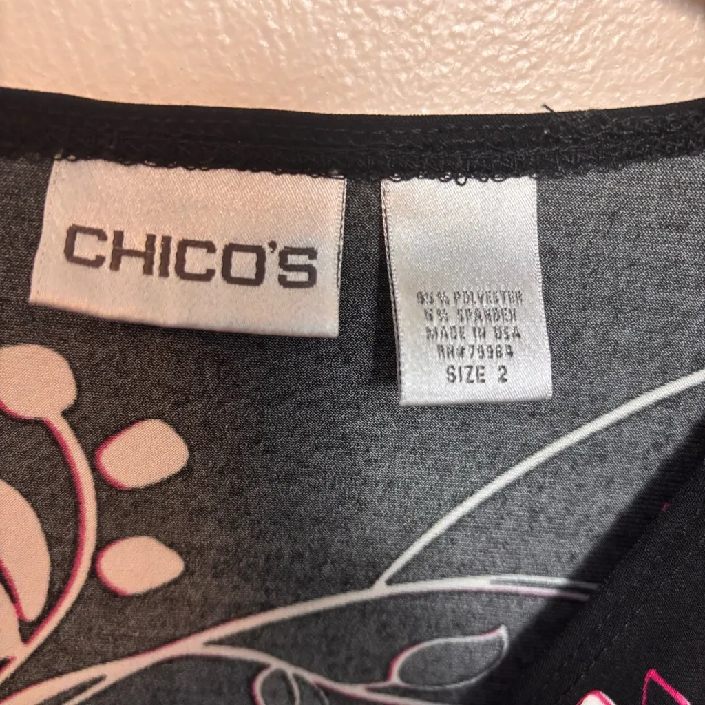 Chico’s Women Dress Kimono Sleeve V-Neck Floral Black Pink White Large Size 2 - Image 3