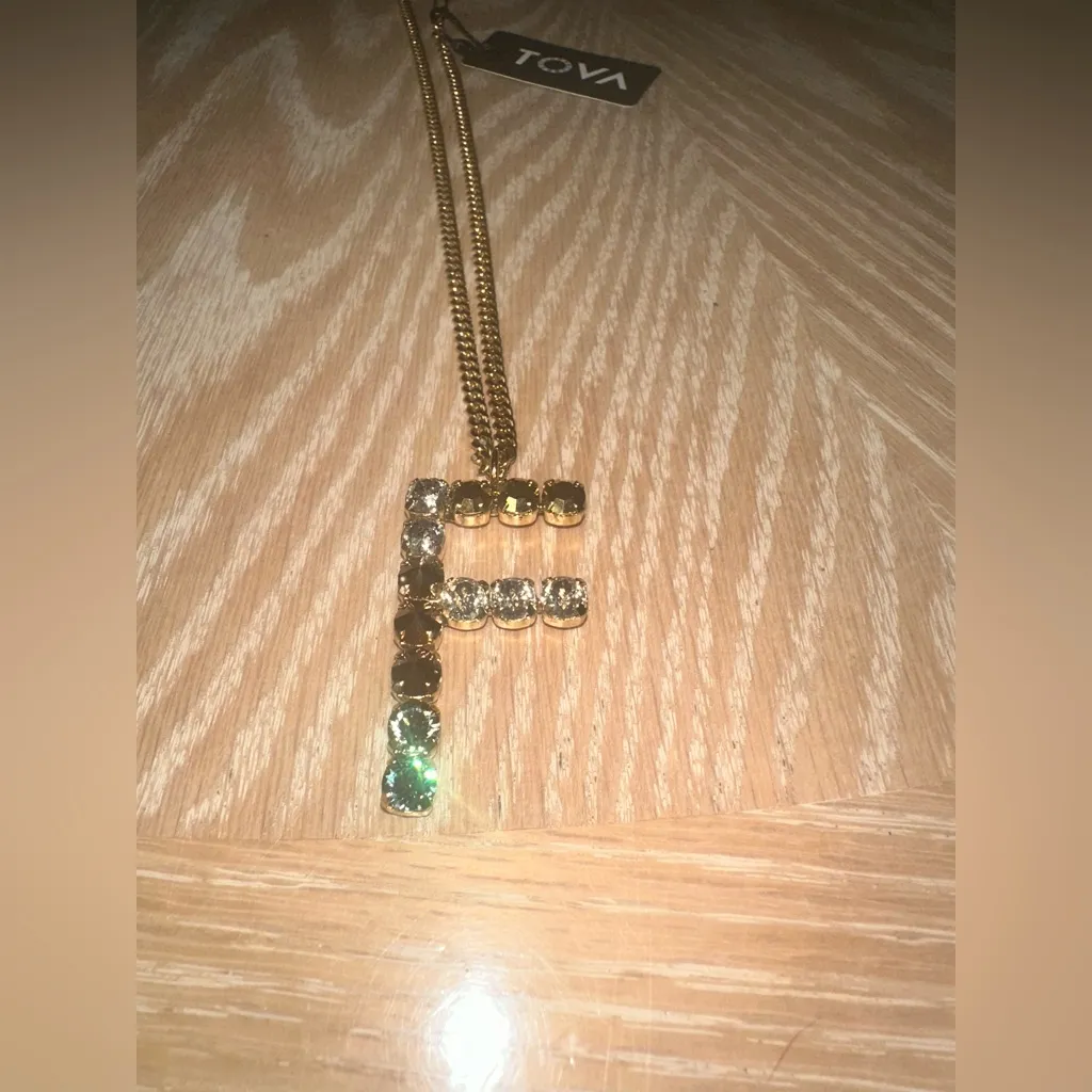 NWT TOVA Swaroski Monogram Necklace In Metallic In Letter (F) $88 MSRP Gold - Image 9