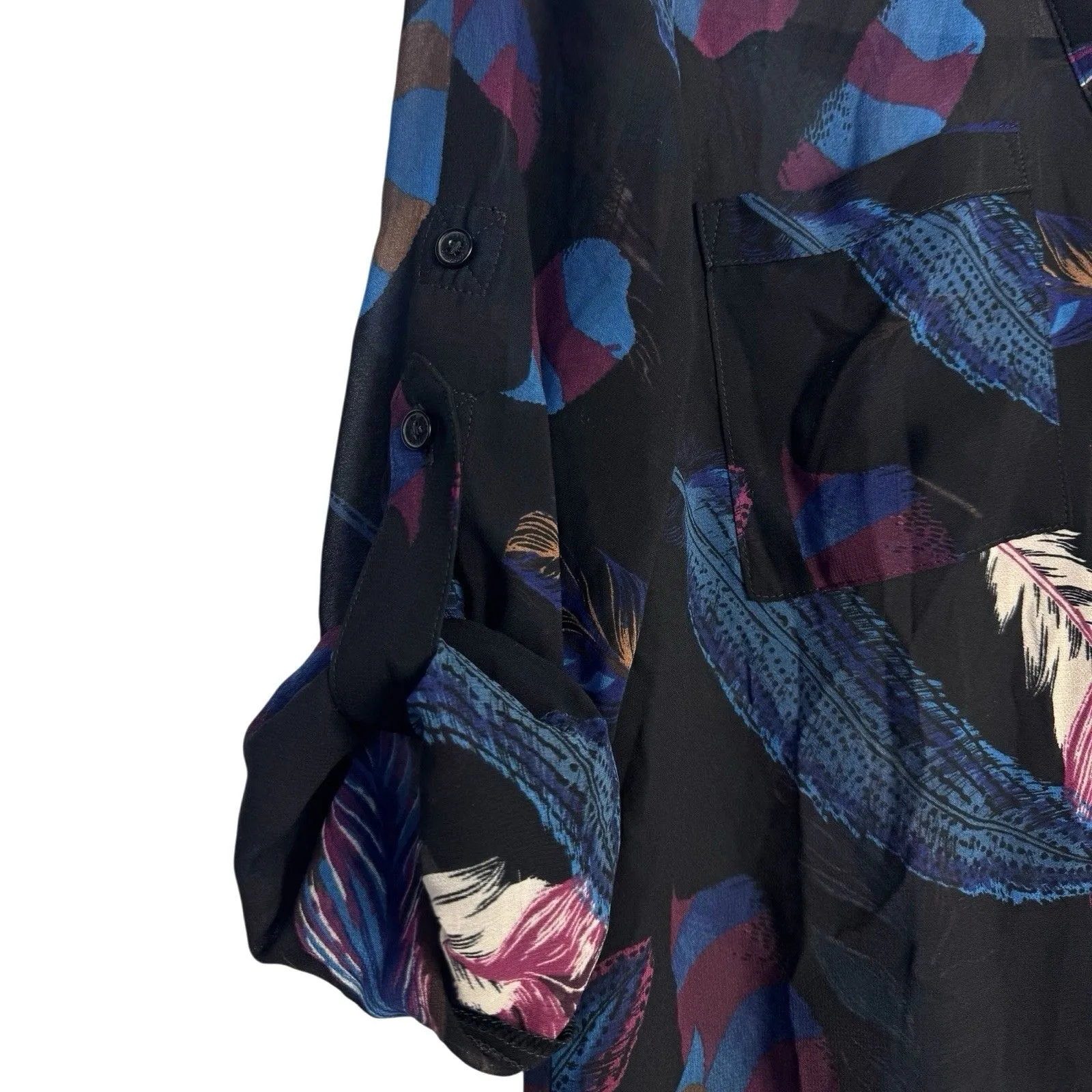 Express Portofino Shirt Womens XS Feather Print Roll Tab Sleeve Button Up Blouse - Image 3