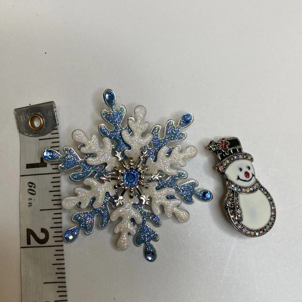 Festive Holiday Winter Brooches Two Snowflake & Snowman Rhinestones Silver Tone Blue - Image 6