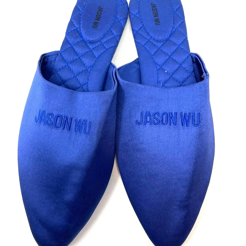Jason‎ Wu Blue Satin Logo Embroidered Slipper Mules Size US 7 - Image 5