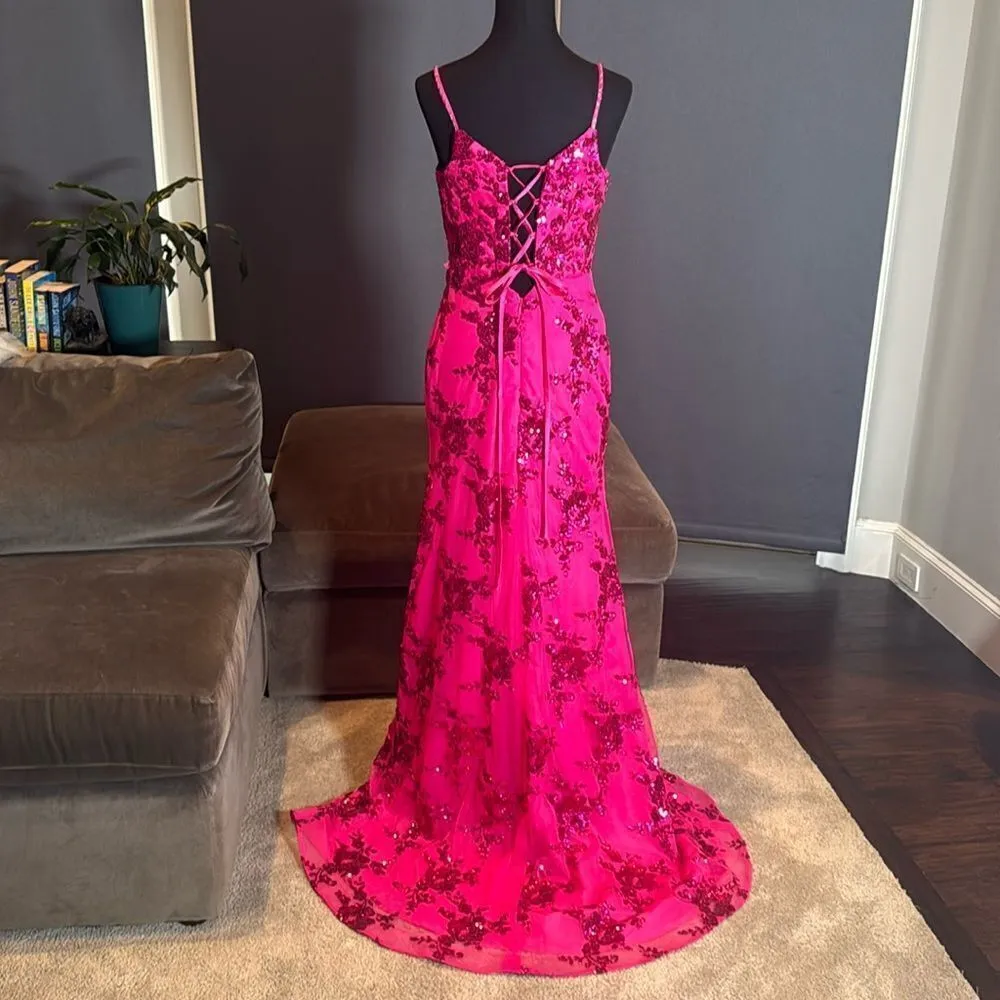 Women’s Pink Mermaid Fit Prom Party Dress Sparkly Sequins Lace Up Back Size 6 - Image 4