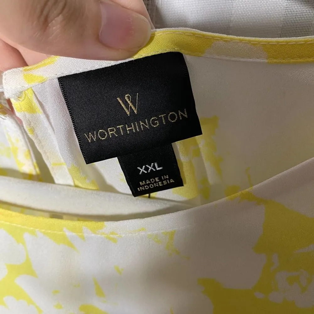 Worthington Long Sleeve Ruffle Keyhole Back Watercolor Blouse Yellow White XXL - Image 6