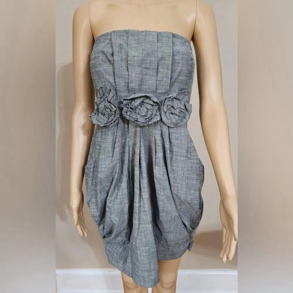Rhapsody Strapless Gray Bubble Hem Dress with Rosette Detail | Small - Image 2