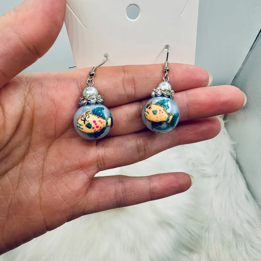 Sea themed Fish design Beaded Earrings Blue - Image 3