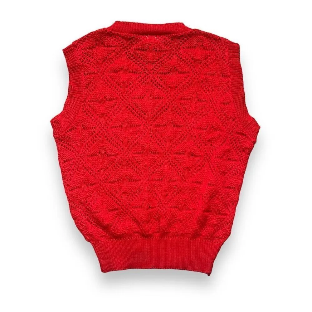 Vintage 60s Knit Sweater Vest Cherry Red Open Weave Geometric Pattern Medium - Image 2