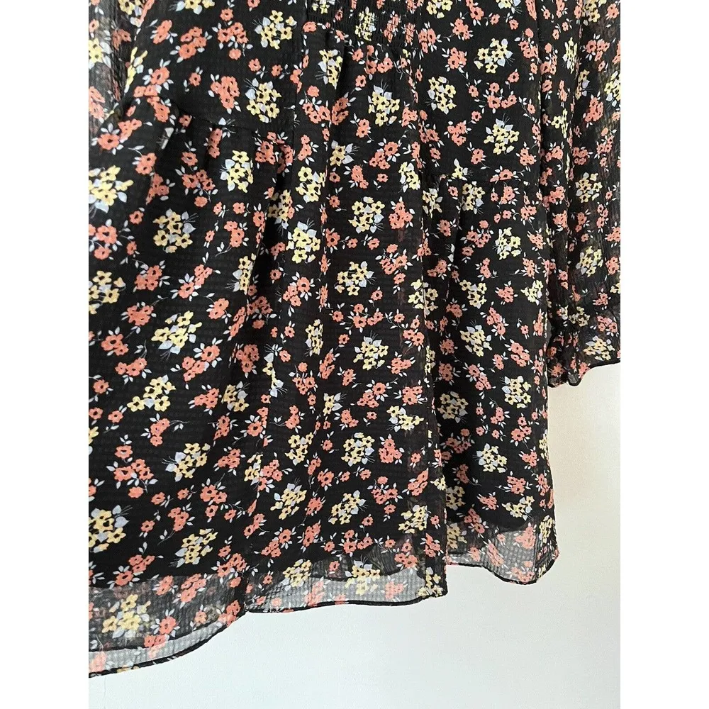 Free People Black Floral Smocked Long Sleeve Tunic Mini Dress Size Small - Image 4