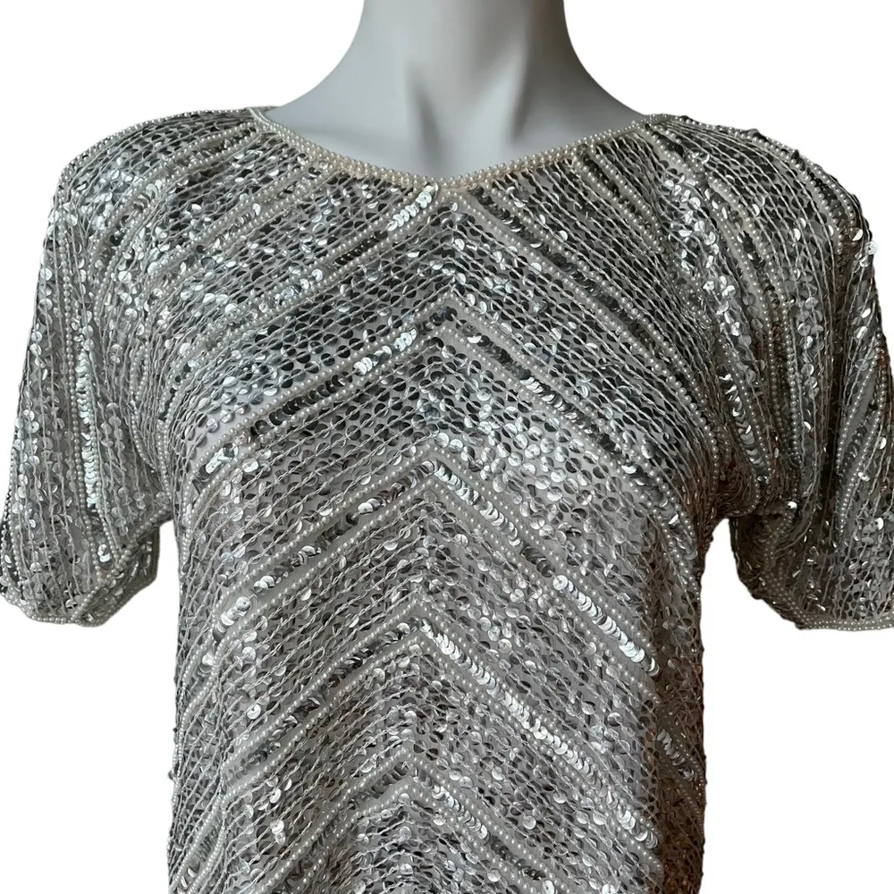 VTG 80s Jean for Joseph Le Bon Sequin and Faux Pearl Silk Top - Image 5