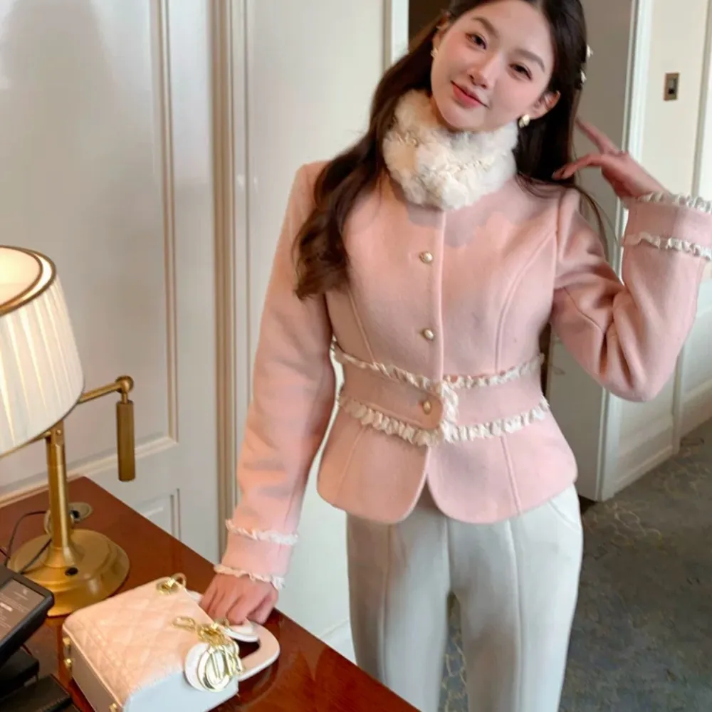 Japanese Kawaii Pastel Pink Wool White Ruffle Thick Winter Blazer Coat Jacket Size XS - Image 5