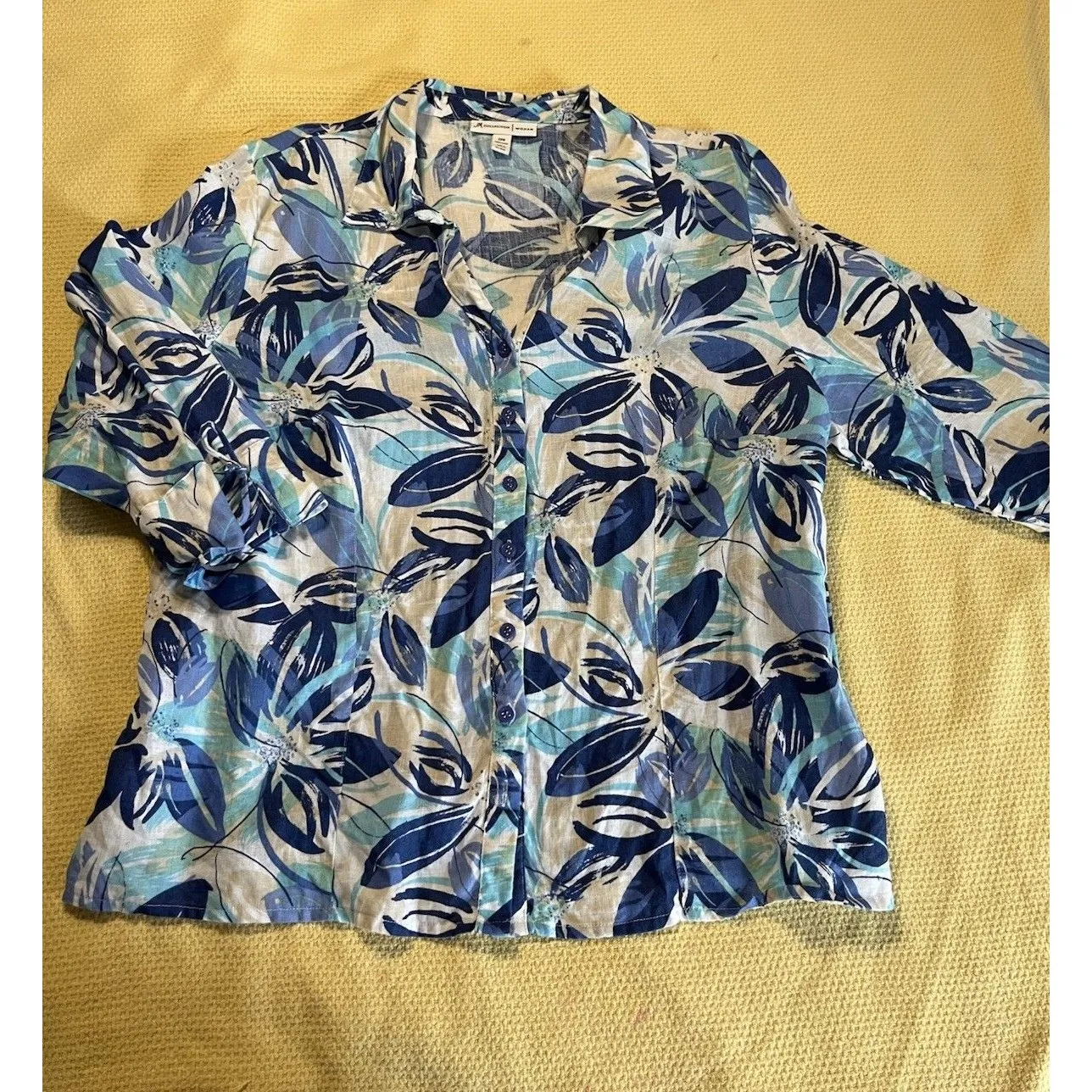 JM Collection Women 20W Shirt Blue White Beige Floral Linen Button Up 3/4 Sleeve - Image 2