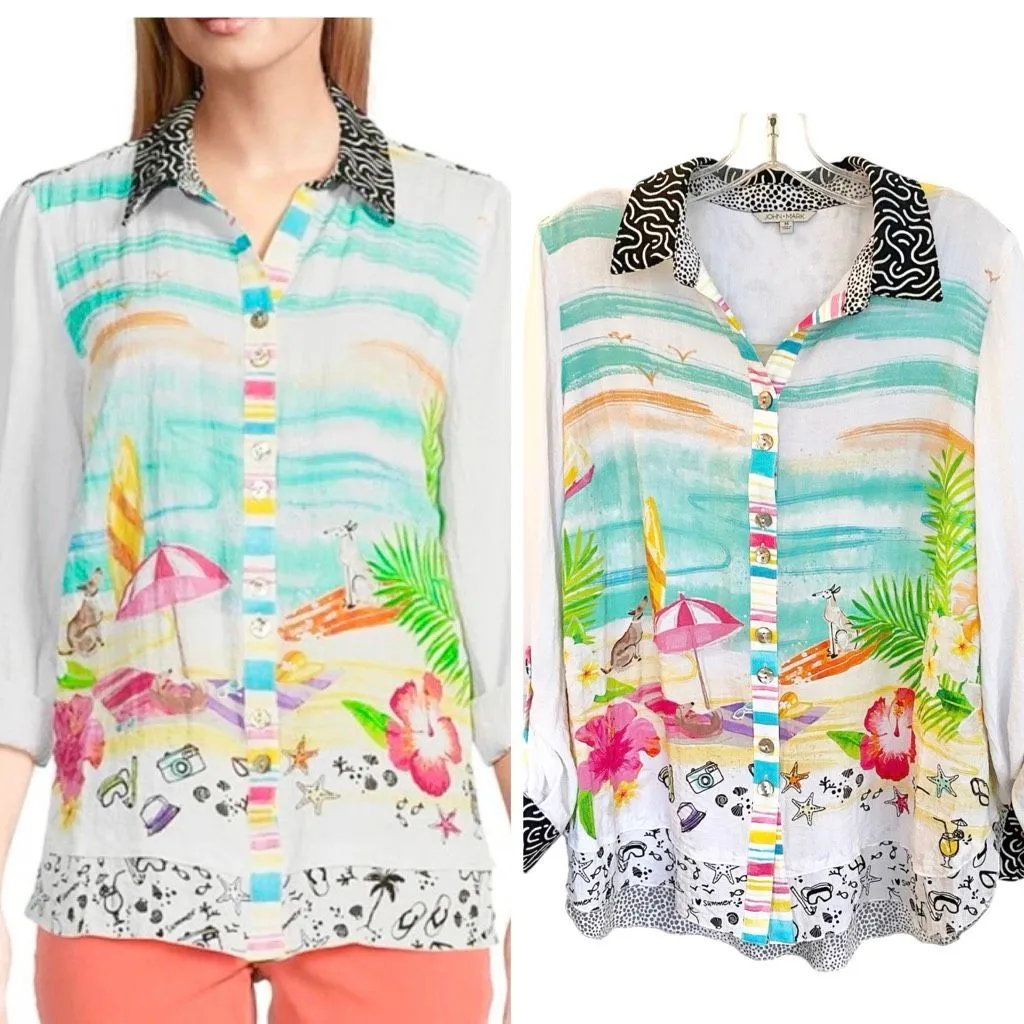 John Mark Novelty Mix Print Button Front Roll-Tab Sleeve Tunic Sz M - Image 2