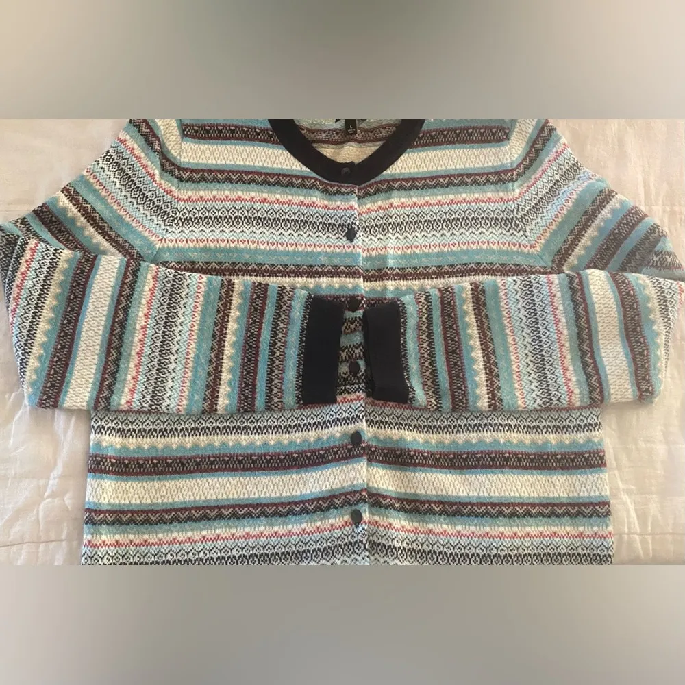 Talbots Women Cardigan Blue Colorful 3d Sweater L Nylon LAMBS Wool Jacket Aztec - Image 7