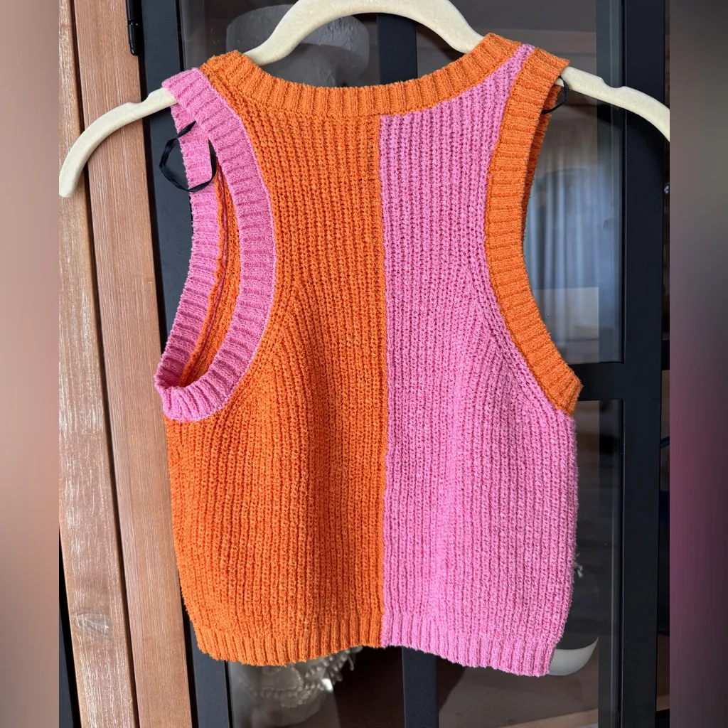 H&M tank top cropped Rib-knit Sweater Vest Pink orange color-block sleeveless - Image 2
