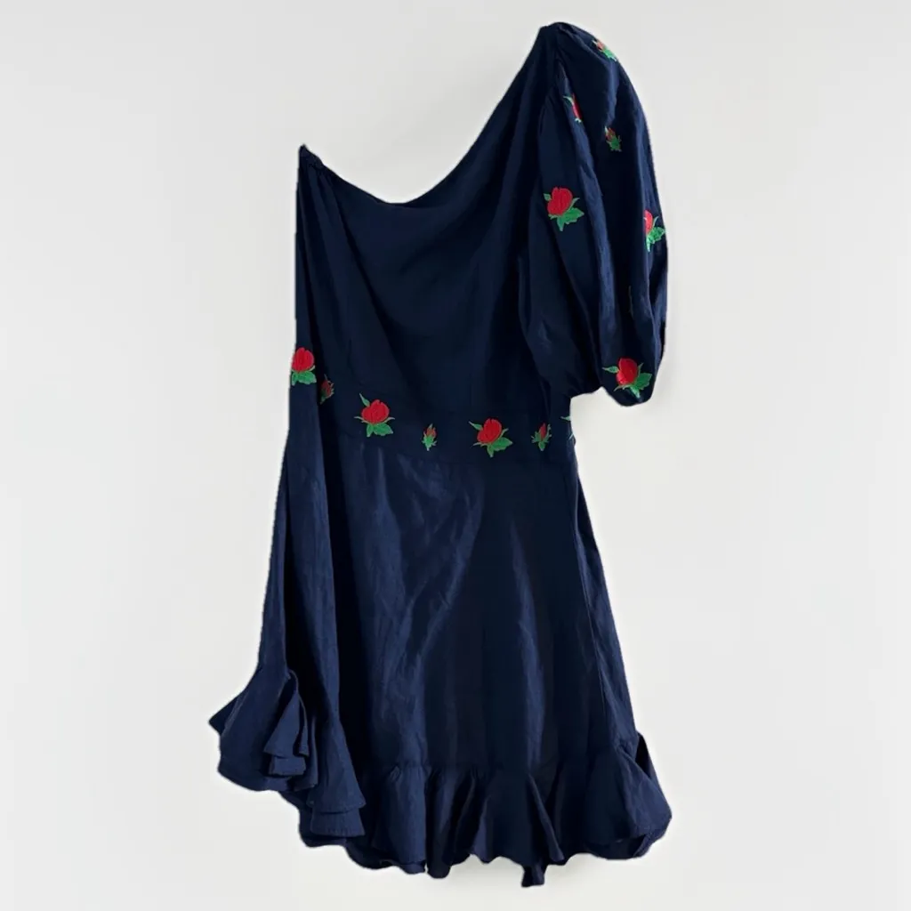 Fanm Mon Flame Linen One Sleeve Ruffle Hem Floral Embroidery‎ Mini Dress S NWT Blue - Image 15