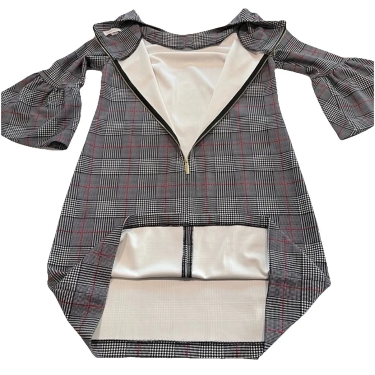 Calvin Klein Black White Houndstooth Plaid Bell Sleeve Crepe Sheath Dress Size 8 - Image 7