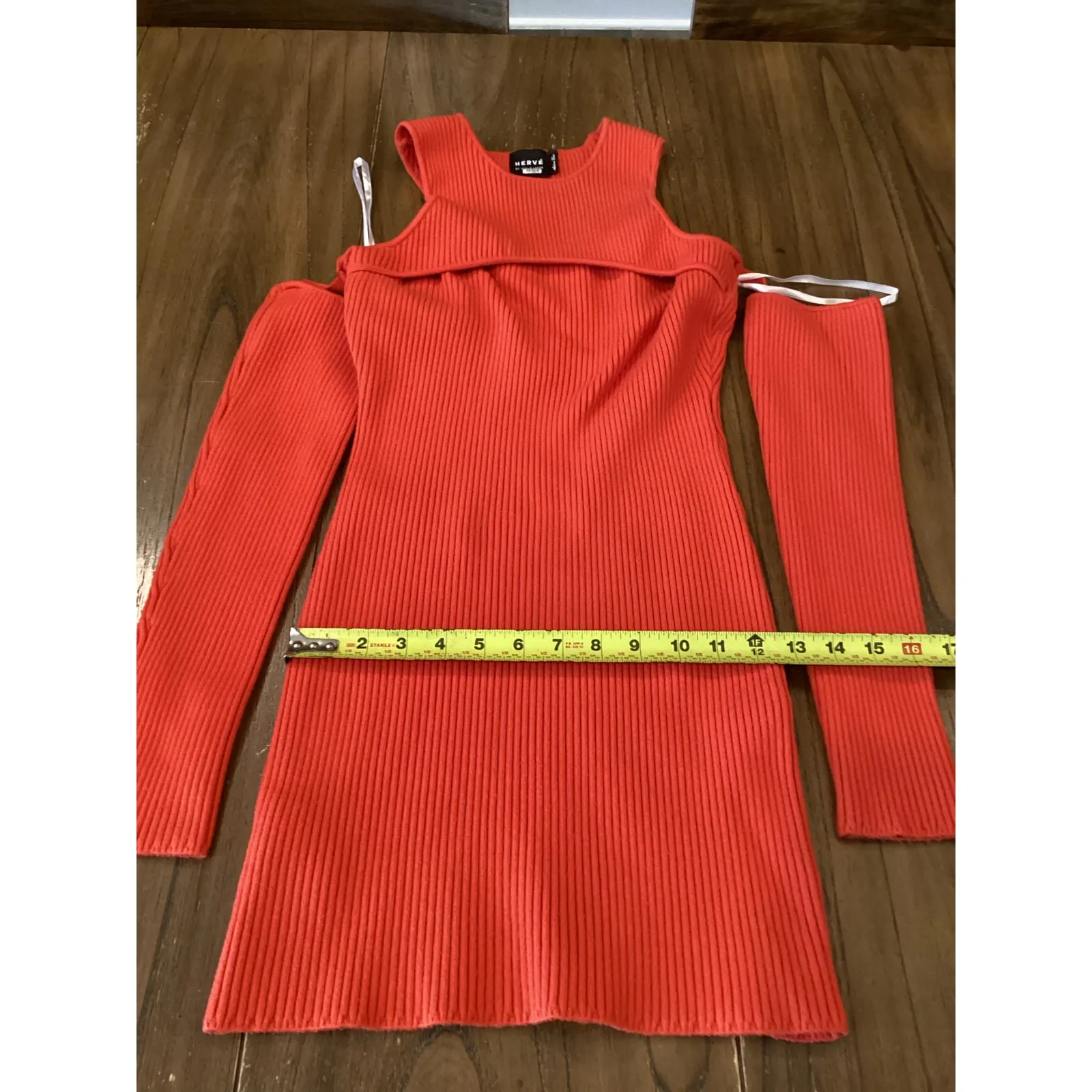 Herve By Herve Leger Orange Ribbed Knit Long Sleeve Cold Shoulder Mini Dress M - Image 5