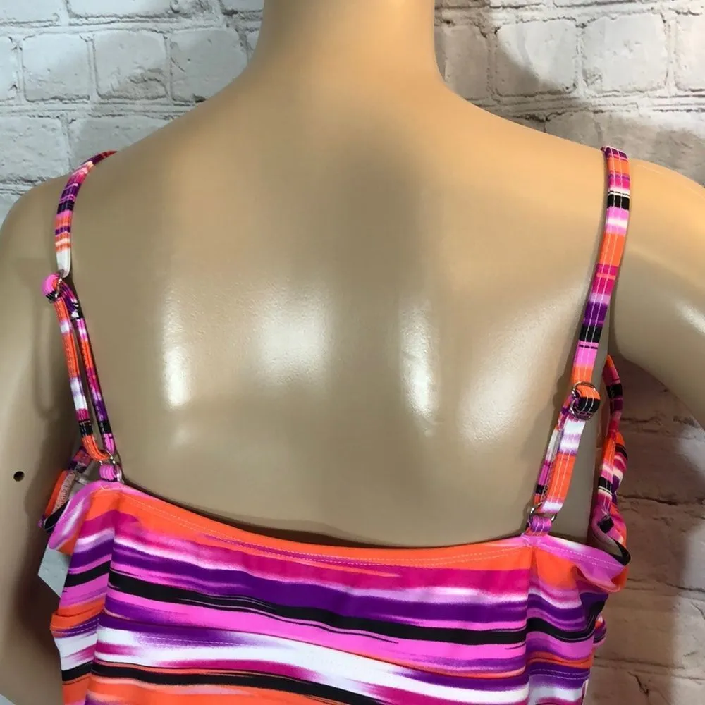 Catalina Pink Purple Striped Plunge Tankini XL - Image 9