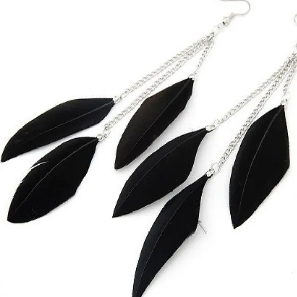 Black Boho Feather Drop Earrings - Image 2