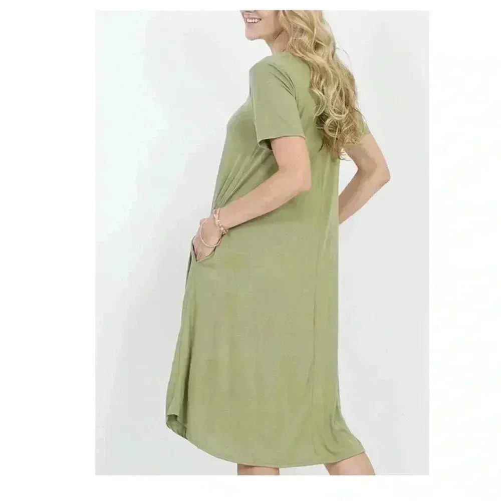 🆕Sage Crewneck Short-Sleeve Pocket Mid Dress M🆕 - Image 2
