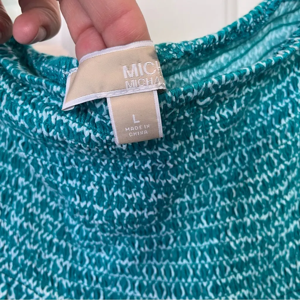 Michael Kors Strapless Maxi Dress Geometric Print Large Tube Maximalist Euc Knit Green - Image 9