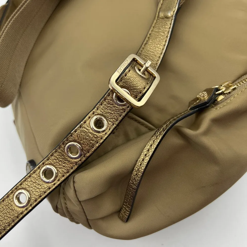 MZ Wallace Marlena Bedford Nylon Drawstring Backpack Tan Metallic Leather Trim - Image 11